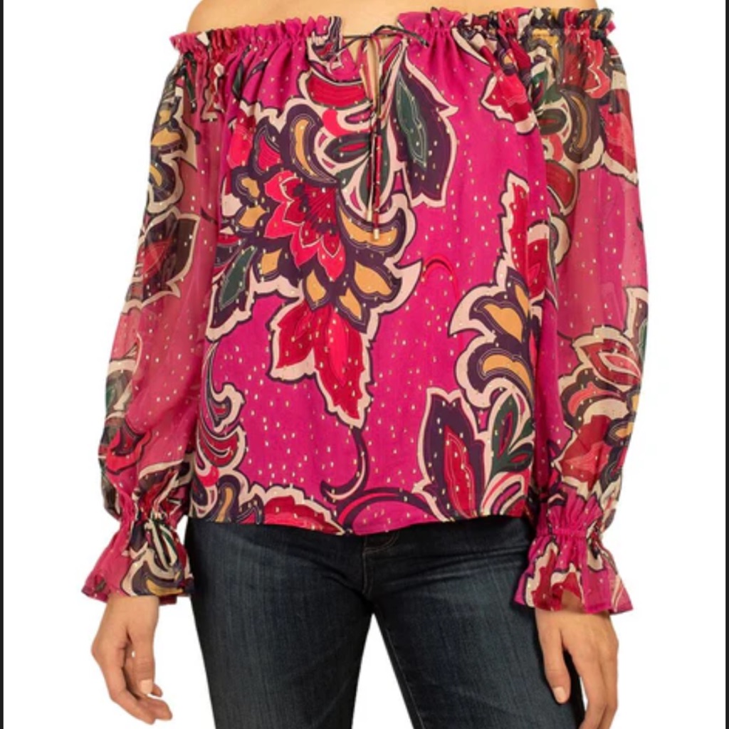 Trina Turk Indore Silk-Blend Top Pink Floral Blouse Size L